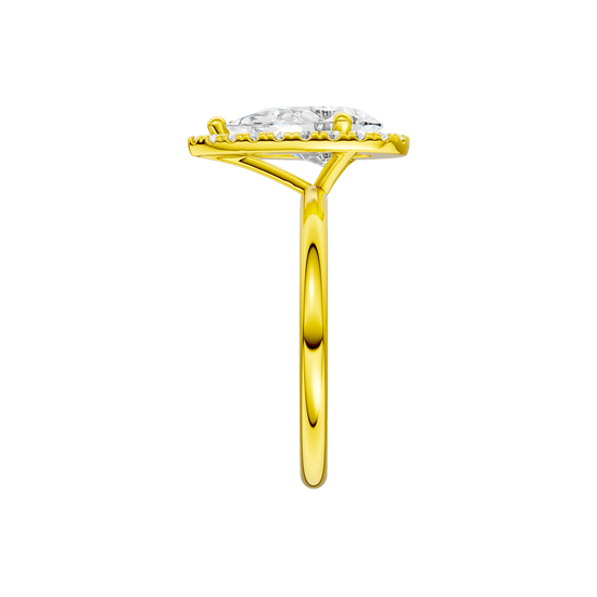 A side view of the Pear cut diamond engagement ring in 14k yellow gold with a plain band and solitaire setting