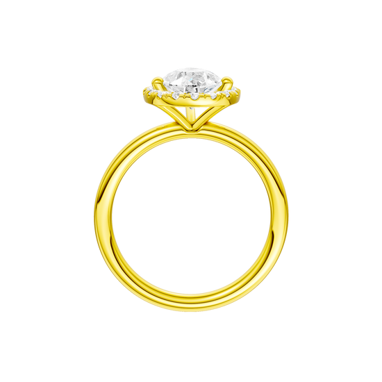 A profile view of the Pear cut diamond engagement ring in 14k yellow gold with a plain band and solitaire setting