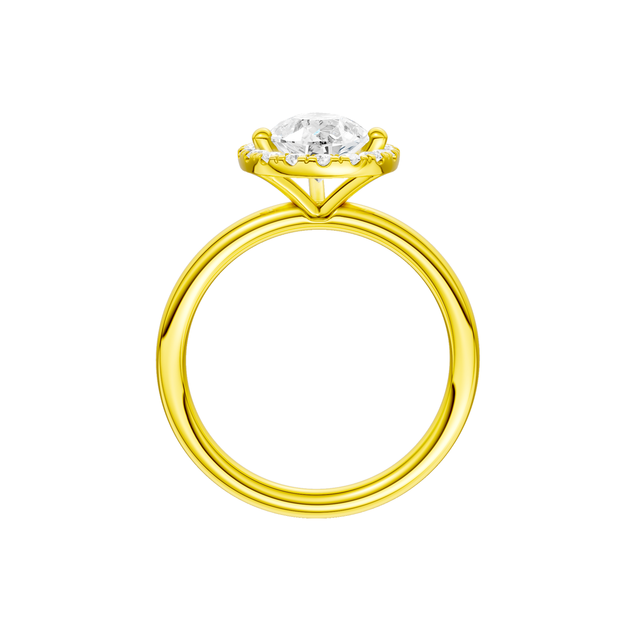 A profile view of the Pear cut diamond engagement ring in 14k yellow gold with a plain band and solitaire setting