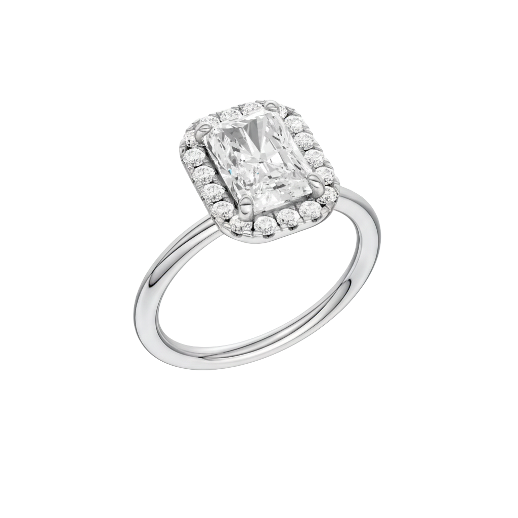 A three-quarter view of the Radiant cut diamond engagement ring in platinum with a plain band and solitaire setting