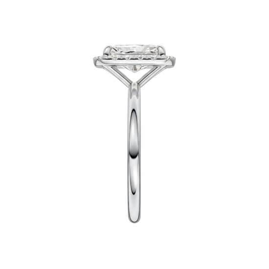A side view of the Radiant cut diamond engagement ring in 14k white gold with a plain band and solitaire setting