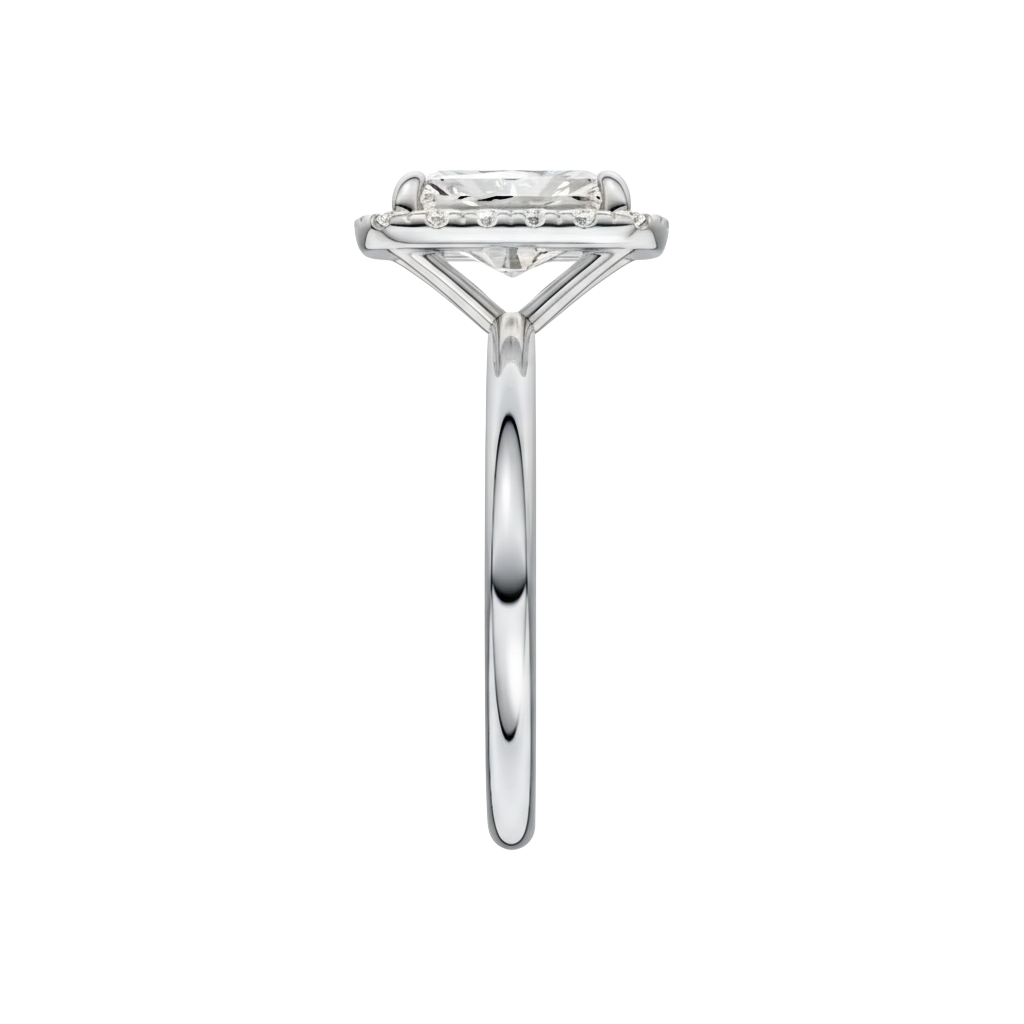 A side view of the Radiant cut diamond engagement ring in 14k white gold with a plain band and solitaire setting