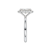 A side view of the Radiant cut diamond engagement ring in platinum with a plain band and solitaire setting