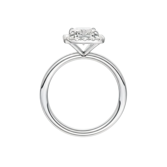 A profile view of the Radiant cut diamond engagement ring in platinum with a plain band and solitaire setting