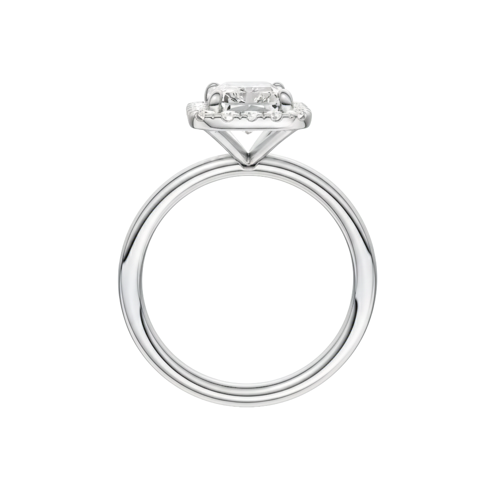 A profile view of the Radiant cut diamond engagement ring in 14k white gold with a plain band and solitaire setting