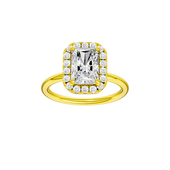 A front view of the Radiant cut diamond engagement ring in 14k yellow gold with a plain band and solitaire setting