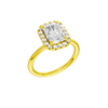 A three-quarter view of the Radiant cut diamond engagement ring in 14k yellow gold with a plain band and solitaire setting