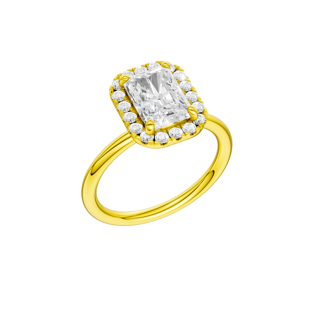 A three-quarter view of the Radiant cut diamond engagement ring in 14k yellow gold with a plain band and solitaire setting