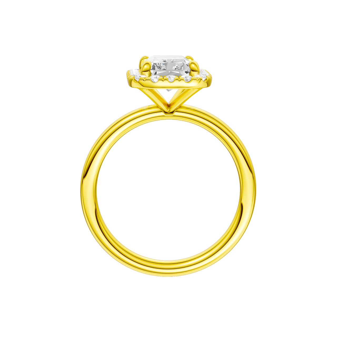 A profile view of the Radiant cut diamond engagement ring in 14k yellow gold with a plain band and solitaire setting