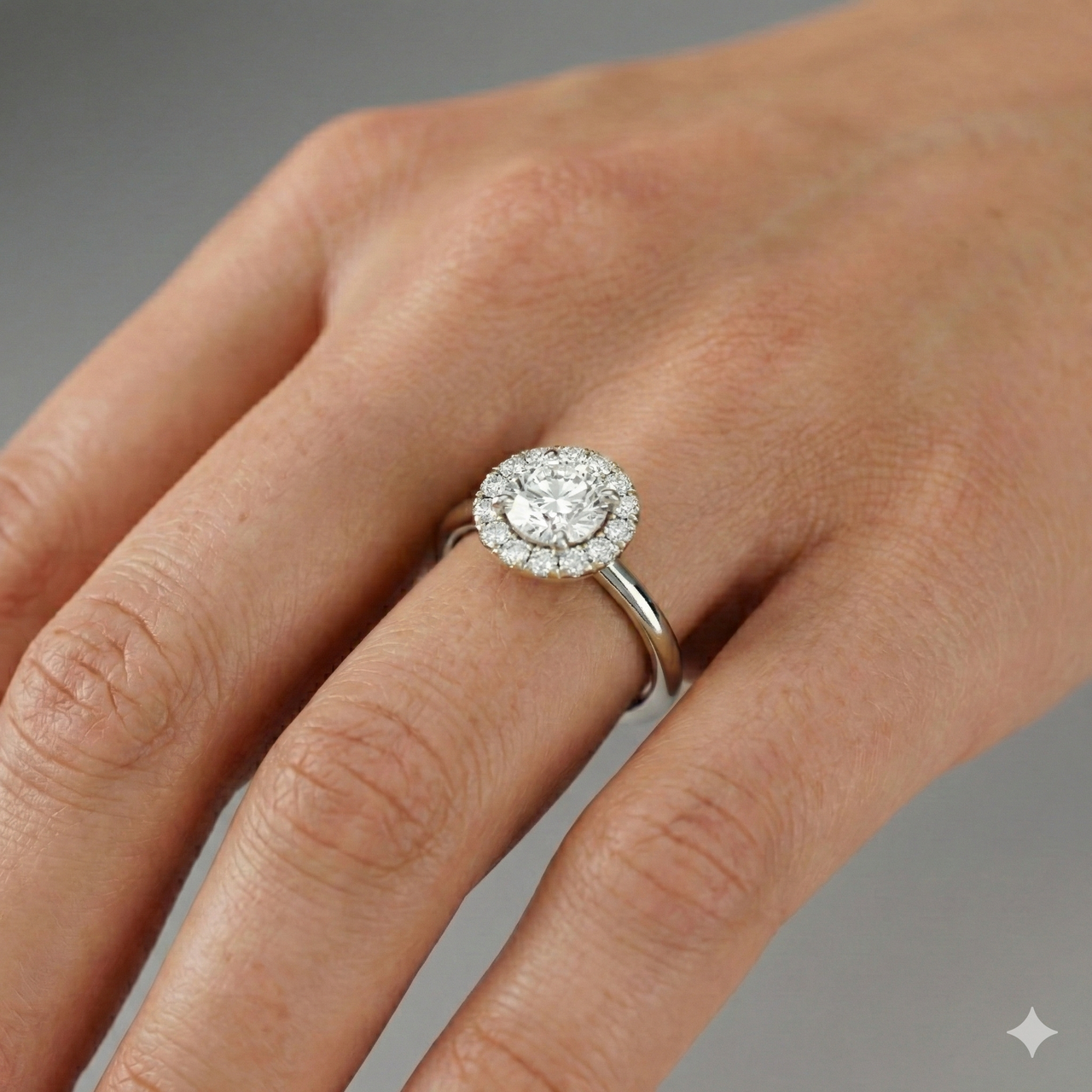 Round cut diamond engagement ring in 14k white gold with a plain band and solitaire setting on a hand.