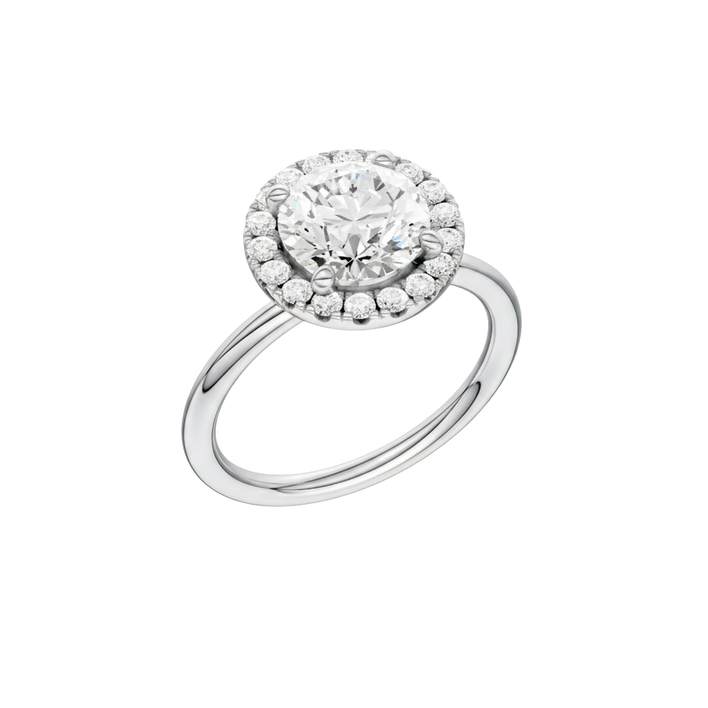 A three-quarter view of the Round cut diamond engagement ring in platinum with a plain band and solitaire setting