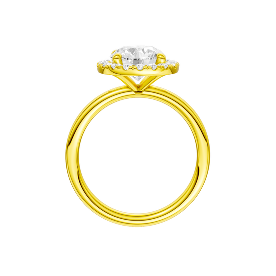 A profile view of the Round cut diamond engagement ring in 14k yellow gold with a plain band and solitaire setting