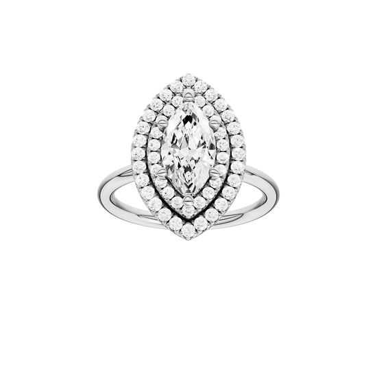 A front view of the Marquise cut diamond engagement ring in platinum with a plain band and solitaire setting