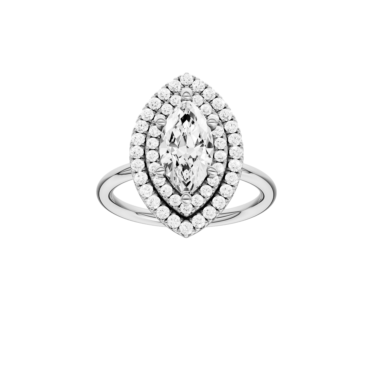 A front view of the Marquise cut diamond engagement ring in 14k white gold with a plain band and solitaire setting