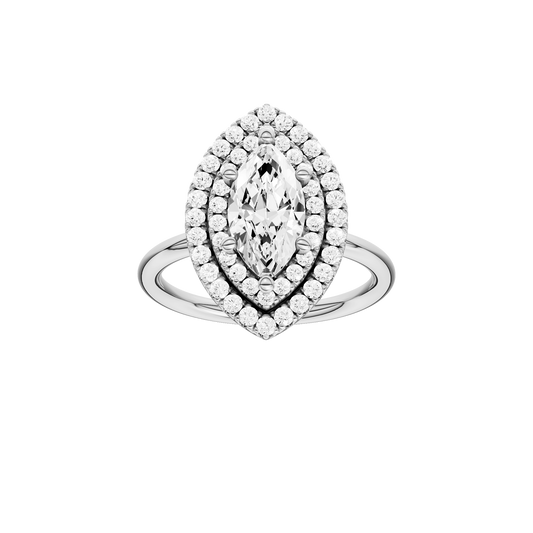 A front view of the Marquise cut diamond engagement ring in 14k white gold with a plain band and solitaire setting