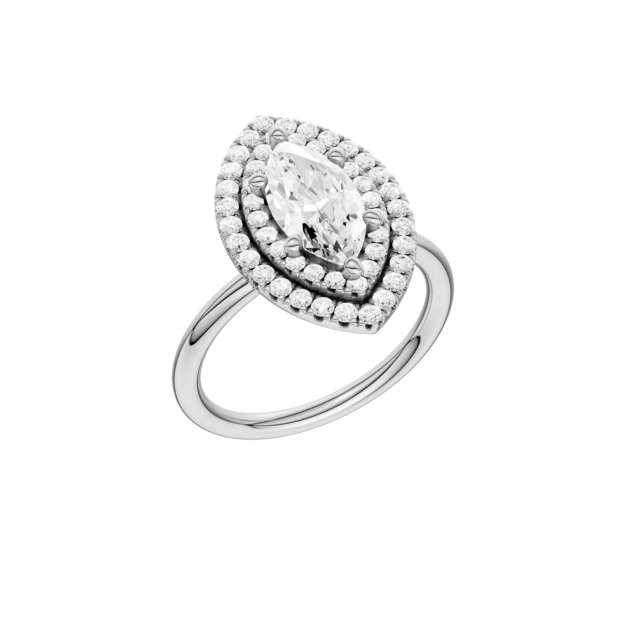 A three-quarter view of the Marquise cut diamond engagement ring in platinum with a plain band and solitaire setting