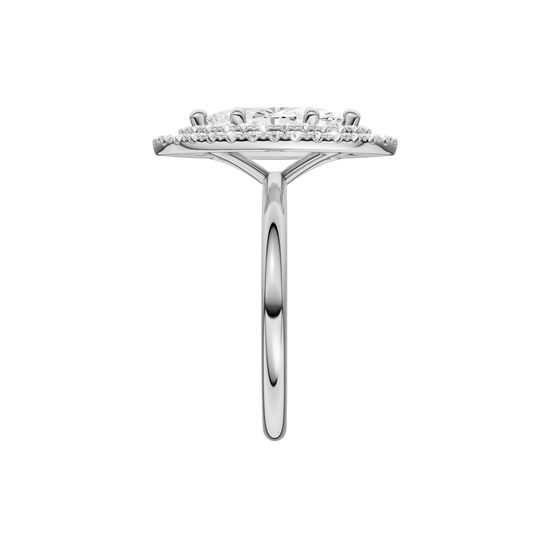 A side view of the Marquise cut diamond engagement ring in 14k white gold with a plain band and solitaire setting