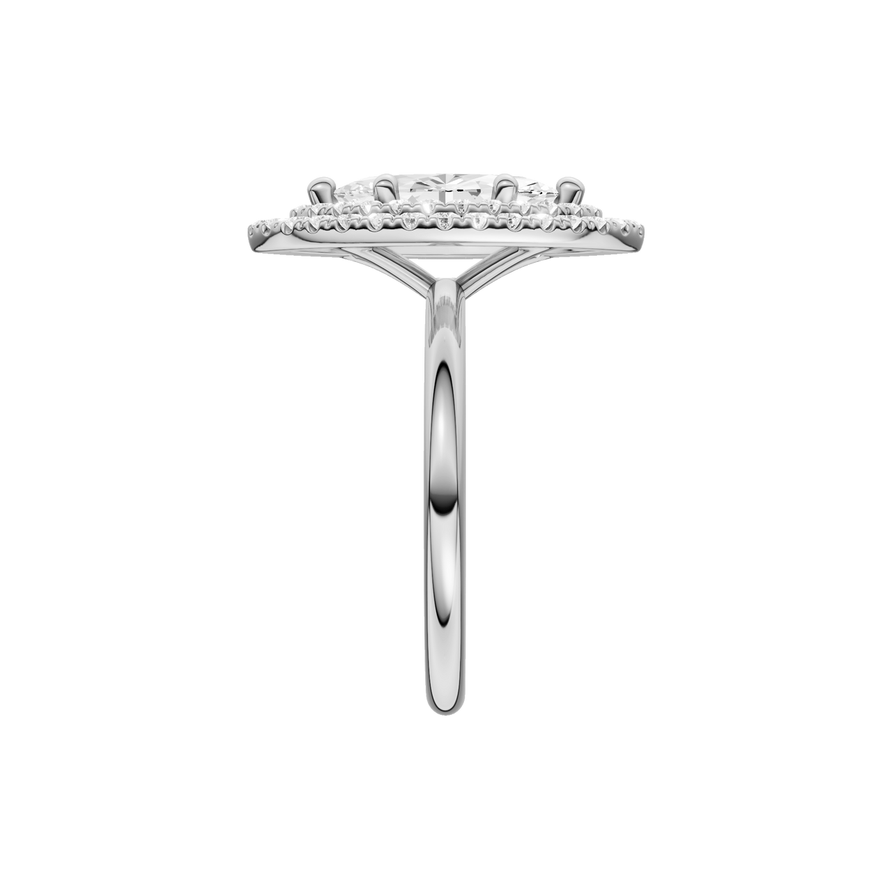A side view of the Marquise cut diamond engagement ring in platinum with a plain band and solitaire setting