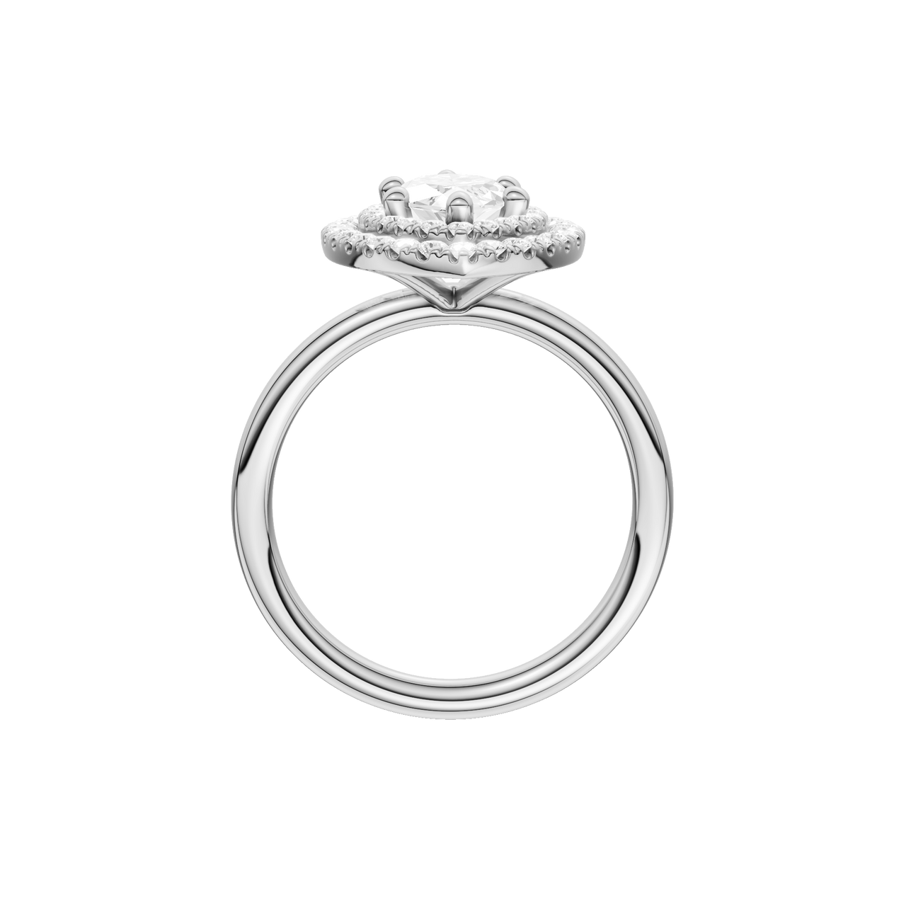 A profile view of the Marquise cut diamond engagement ring in platinum with a plain band and solitaire setting
