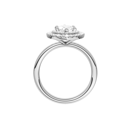 A profile view of the Marquise cut diamond engagement ring in 14k white gold with a plain band and solitaire setting