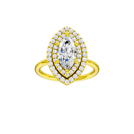 A front view of the Marquise cut diamond engagement ring in 14k yellow gold with a plain band and solitaire setting