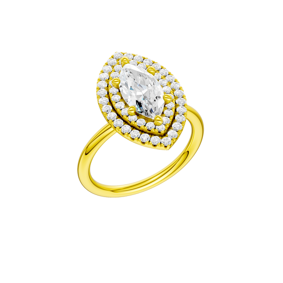A three-quarter view of the Marquise cut diamond engagement ring in 14k yellow gold with a plain band and solitaire setting