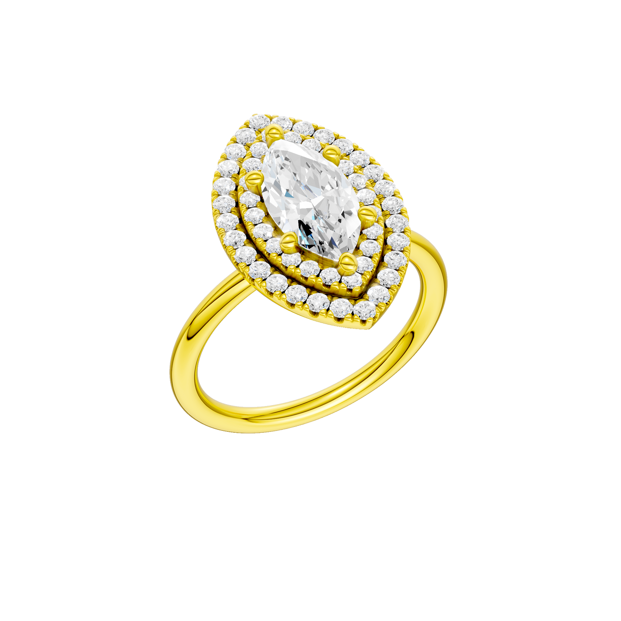 A three-quarter view of the Marquise cut diamond engagement ring in 14k yellow gold with a plain band and solitaire setting