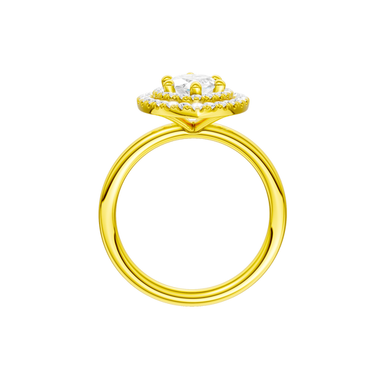 A profile view of the Marquise cut diamond engagement ring in 14k yellow gold with a plain band and solitaire setting