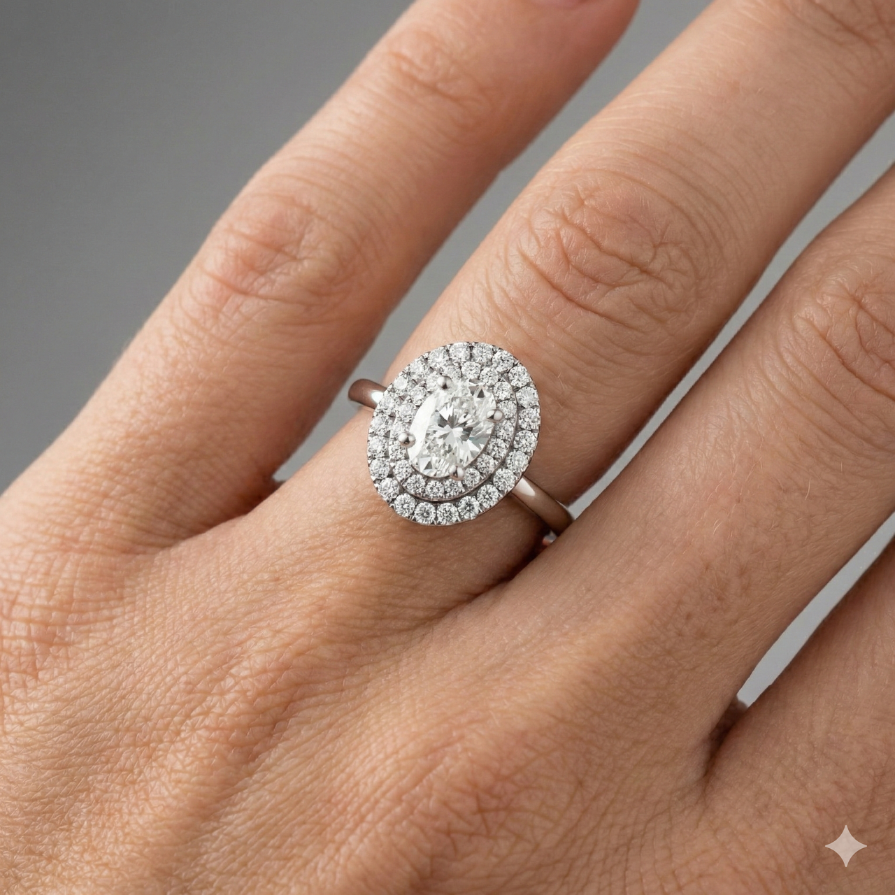 Oval cut diamond engagement ring in 14k white gold with a plain band and solitaire setting on a hand