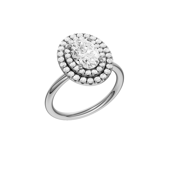 A three-quarter view of the Oval cut diamond engagement ring in platinum with a plain band and solitaire setting