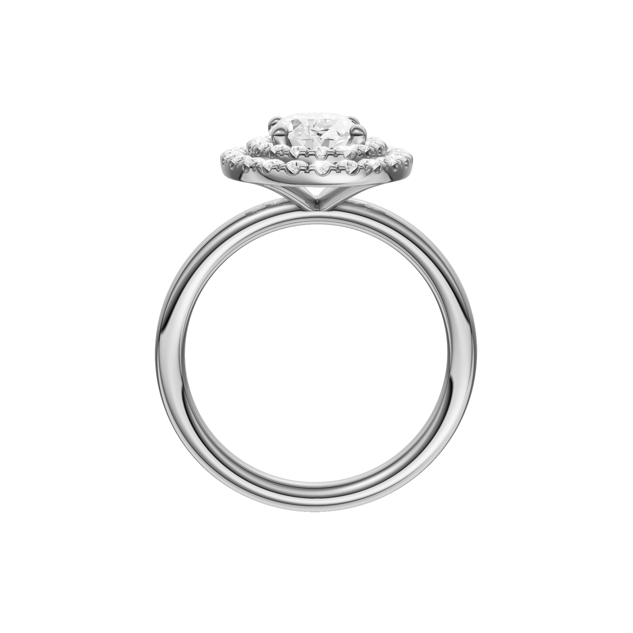A profile view of the Oval cut diamond engagement ring in 14k white gold with a plain band and solitaire setting