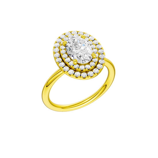 A three-quarter view of the Oval cut diamond engagement ring in 14k yellow gold with a plain band and solitaire setting