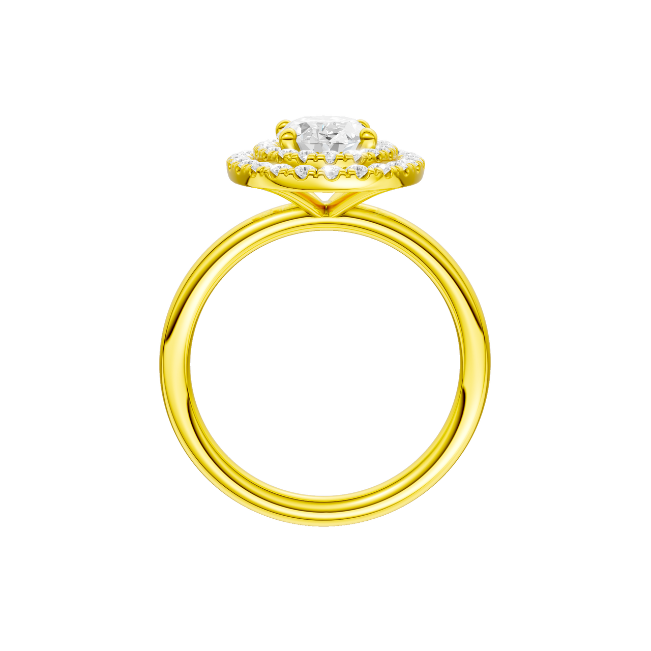 A profile view of the Oval cut diamond engagement ring in 14k yellow gold with a plain band and solitaire setting
