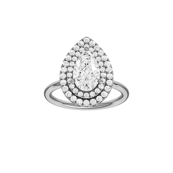A front view of the Pear cut diamond engagement ring in platinum with a plain band and solitaire setting