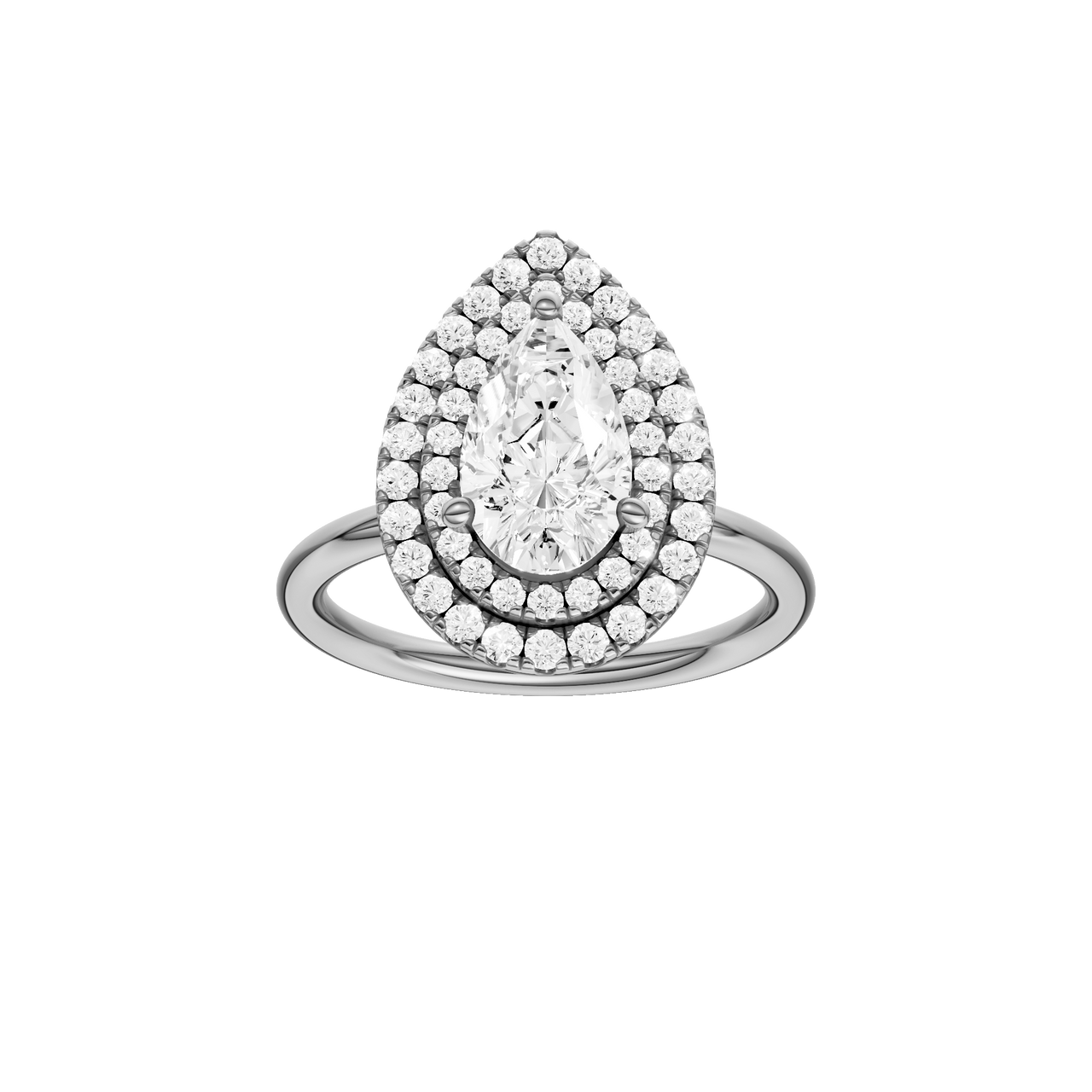 A front view of the Pear cut diamond engagement ring in platinum with a plain band and solitaire setting