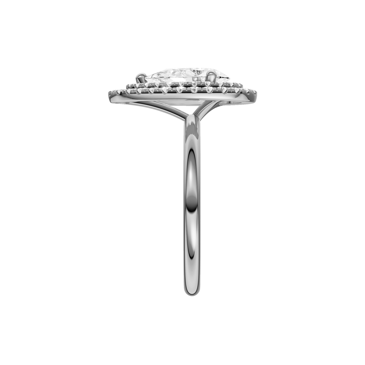 A side view of the Pear cut diamond engagement ring in 14k white gold with a plain band and solitaire setting