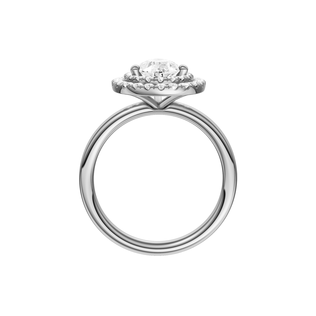 A profile view of the Pear cut diamond engagement ring in 14k white gold with a plain band and solitaire setting