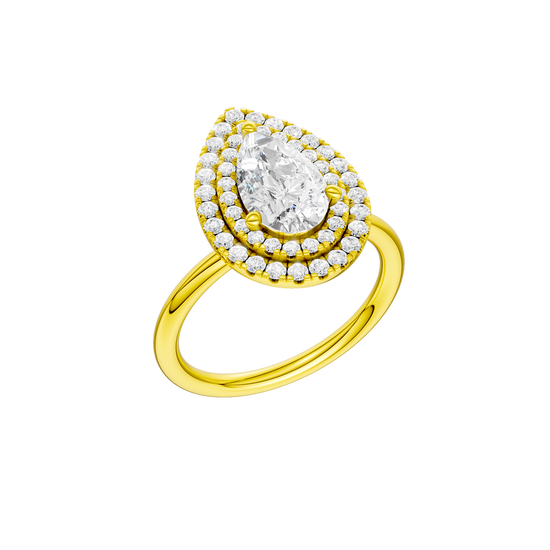 A three-quarter view of the Pear cut diamond engagement ring in 14k yellow gold with a plain band and solitaire setting