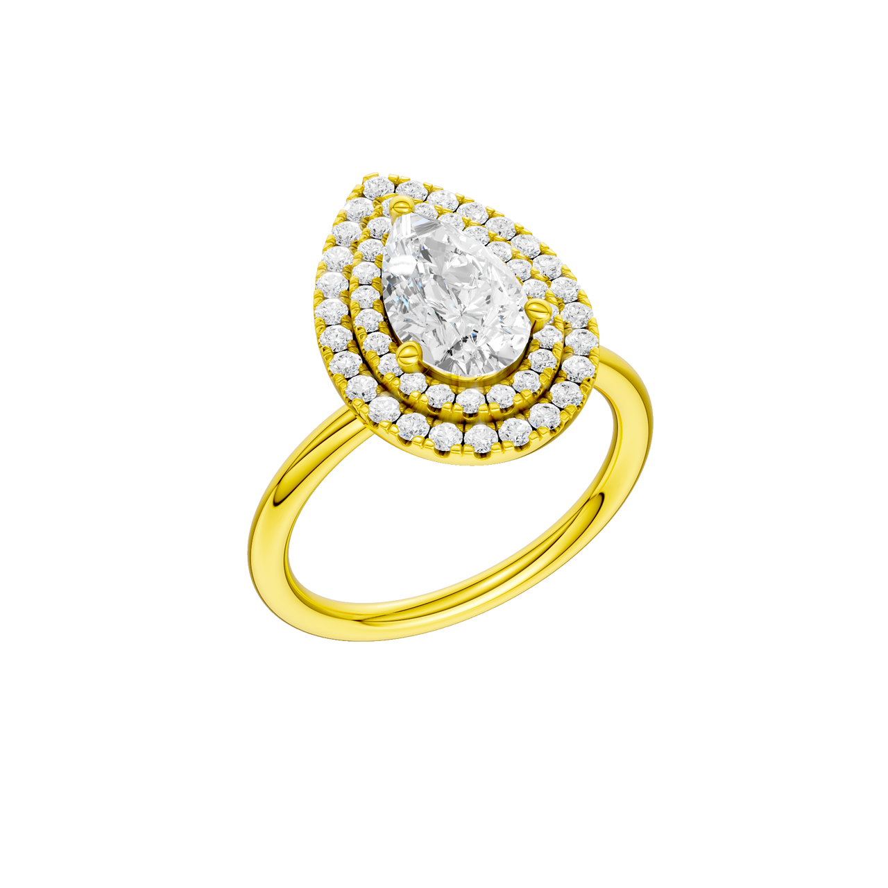 A three-quarter view of the Pear cut diamond engagement ring in 14k yellow gold with a plain band and solitaire setting