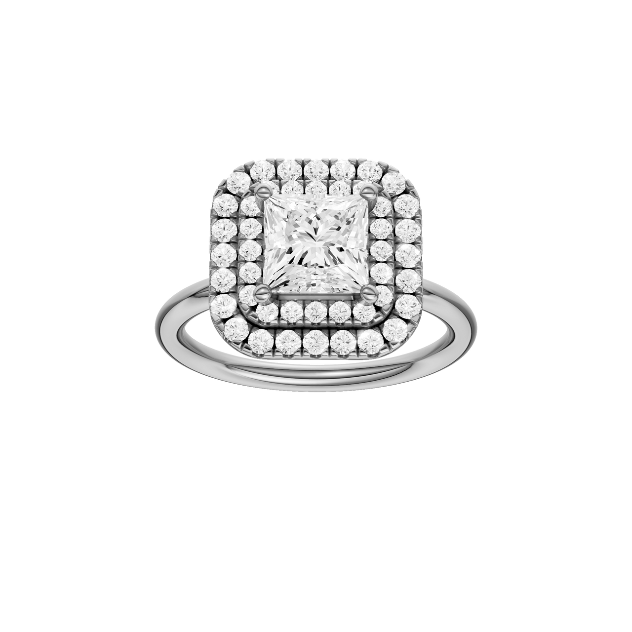 A front view of the Princess cut diamond engagement ring in platinum  with a plain band and solitaire setting
