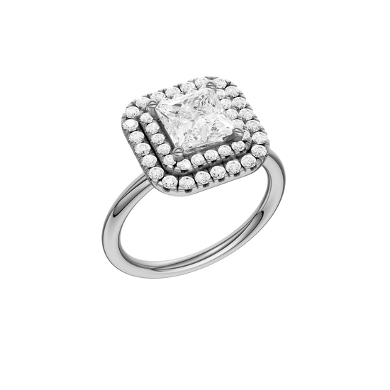 A three-quarter view of the Princess cut diamond engagement ring in platinum  with a plain band and solitaire setting