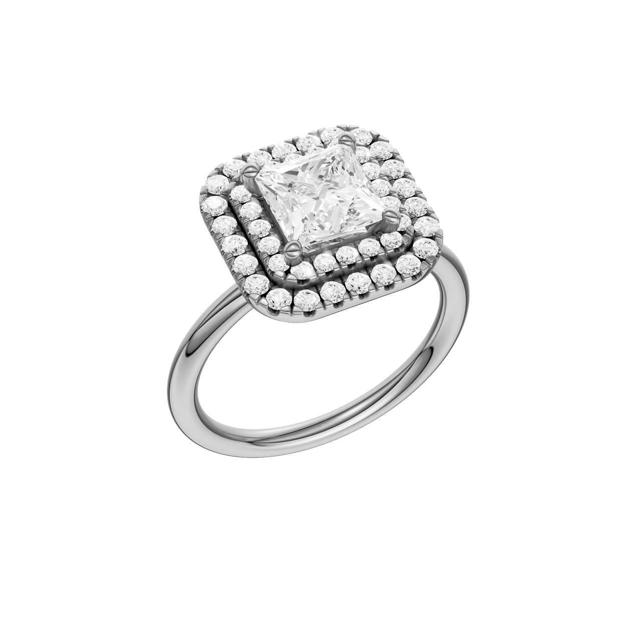 A three-quarter view of the Princess cut diamond engagement ring in platinum  with a plain band and solitaire setting