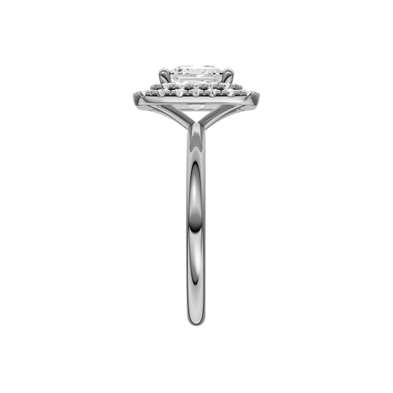 A side view of the Princess cut diamond engagement ring in platinum  with a plain band and solitaire setting