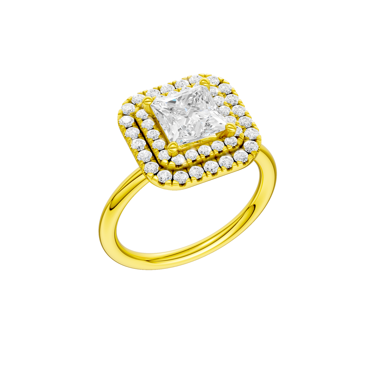 A three-quarter view of the Princess cut diamond engagement ring in 14k yellow gold with a plain band and solitaire setting