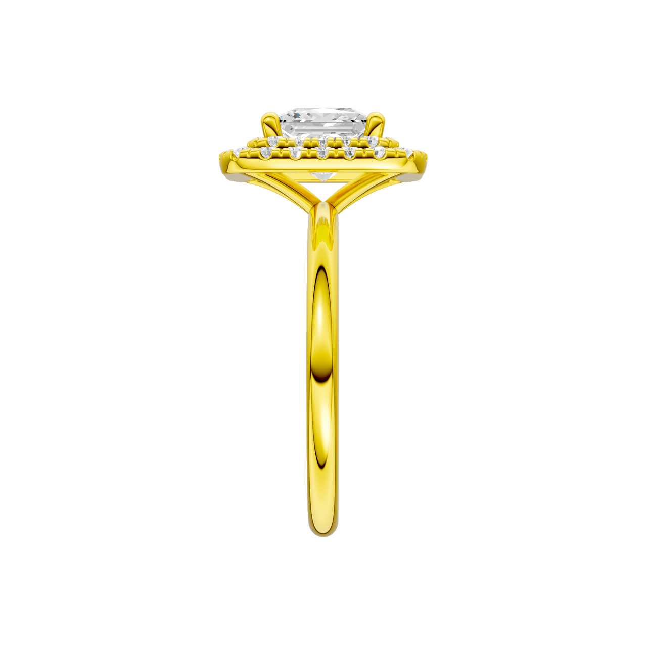 A side view of the Princess cut diamond engagement ring in 14k yellow gold with a plain band and solitaire setting