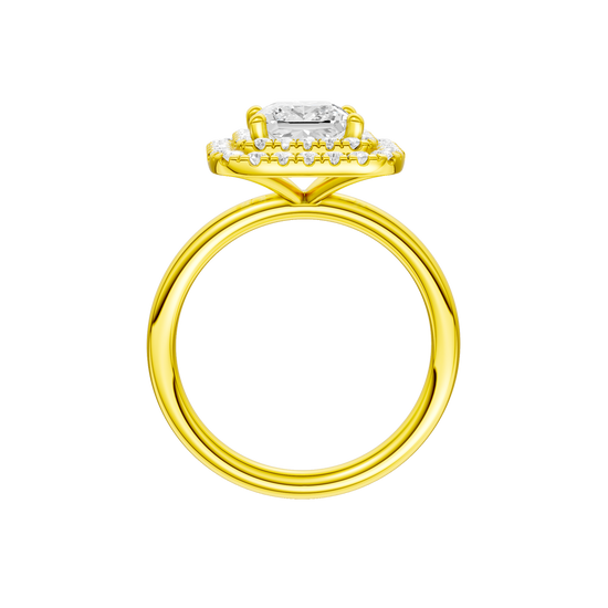 A profile view of the Princess cut diamond engagement ring in 14k yellow gold with a plain band and solitaire setting
