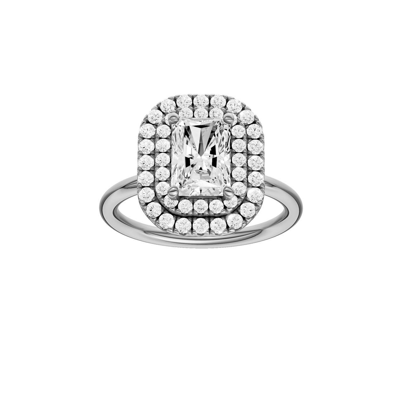 A front view of the Radiant cut diamond engagement ring in platinum  with a plain band and solitaire setting