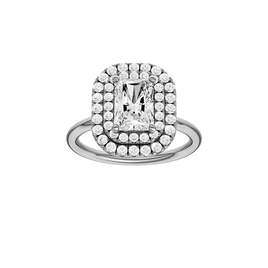 A front view of the Radiant cut diamond engagement ring in 14k white gold with a plain band and solitaire setting