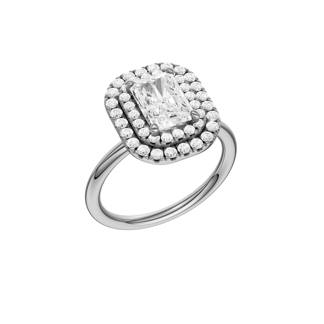 A three-quarter view of the Radiant cut diamond engagement ring in 14k white gold with a plain band and solitaire setting