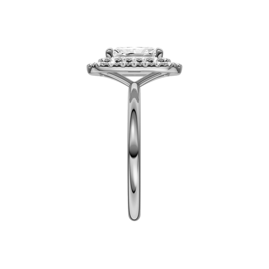A side view of the Radiant cut diamond engagement ring in platinum  with a plain band and solitaire setting